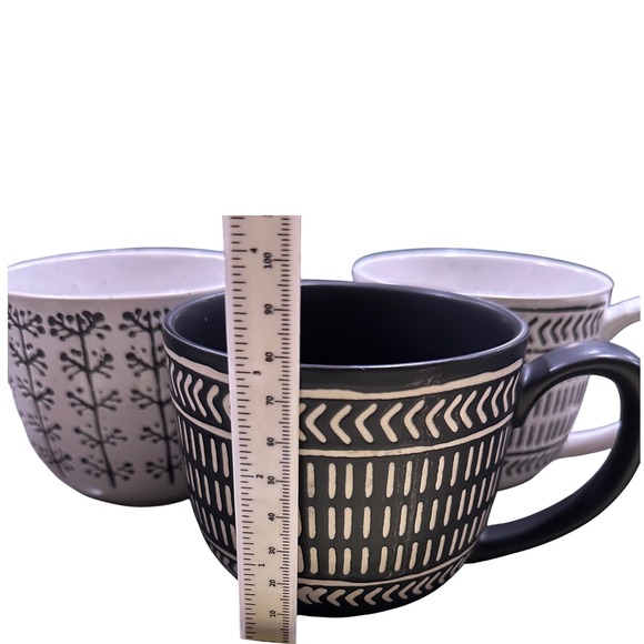 The Old Pottery Company Tribal Geometric Pattern Mugs Set of 3 Black White - Picture 9 of 12